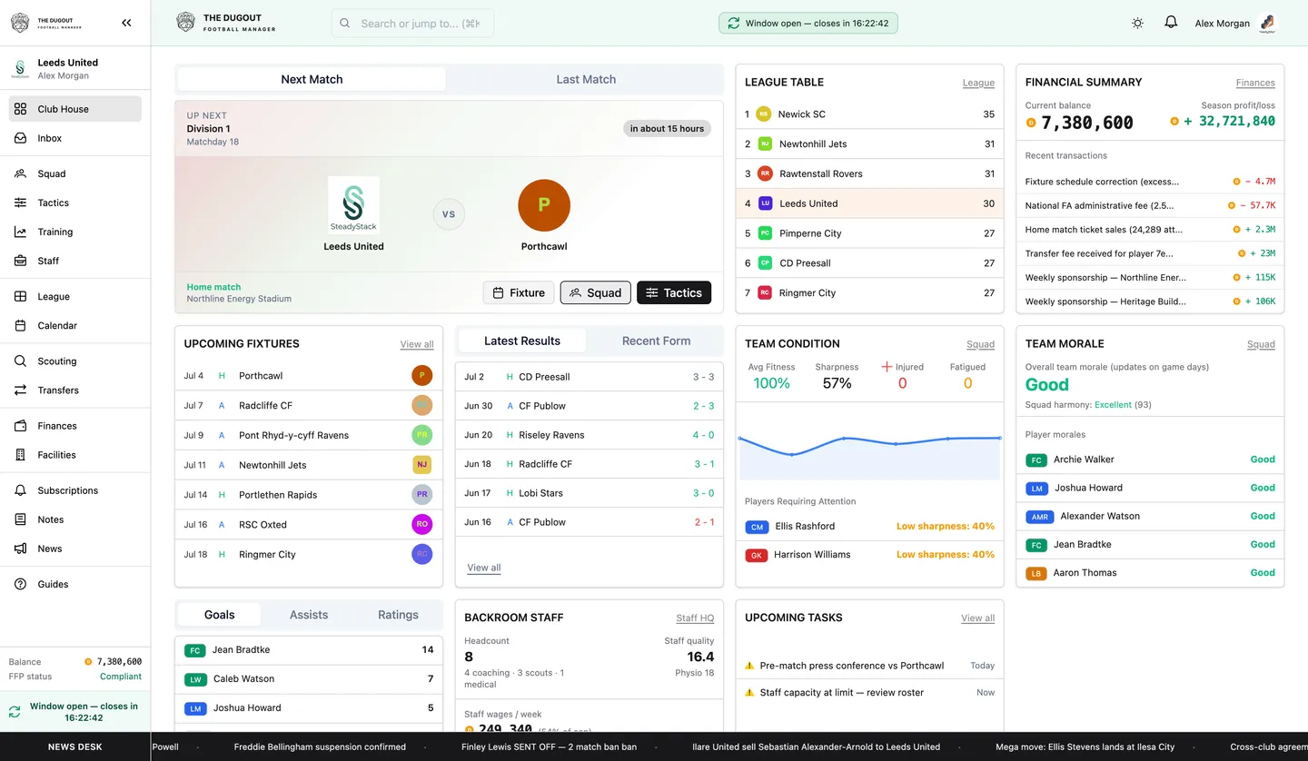 Clubhouse dashboard showing fixtures, tasks, and club overview