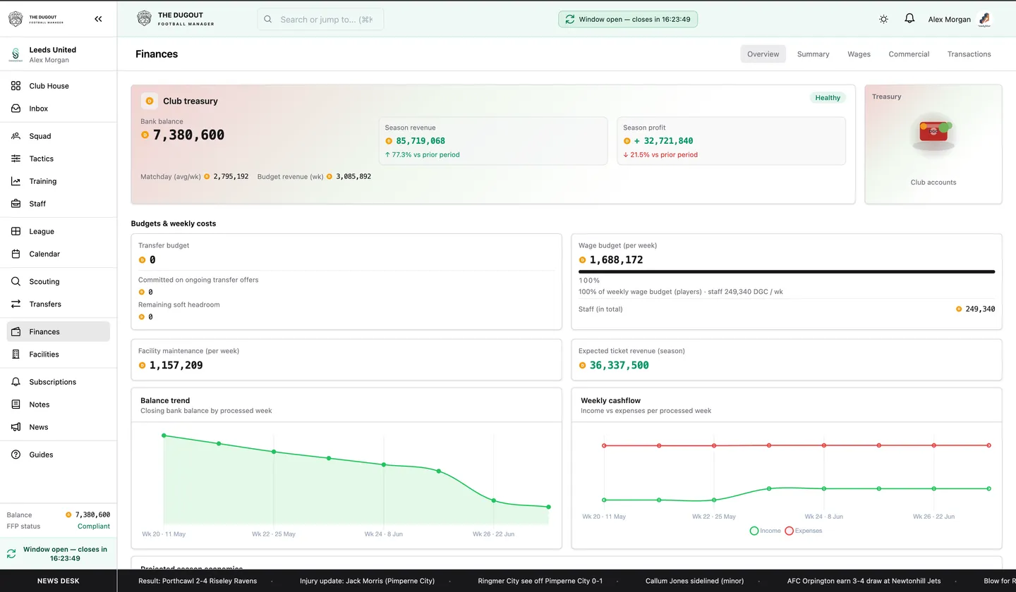 Finances screen with income, expenses, and wage breakdown