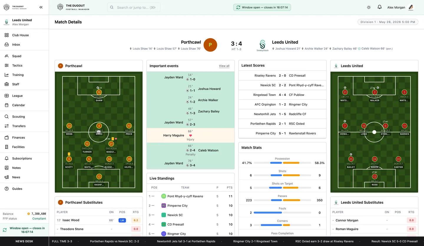 Match details view with commentary and post-match statistics