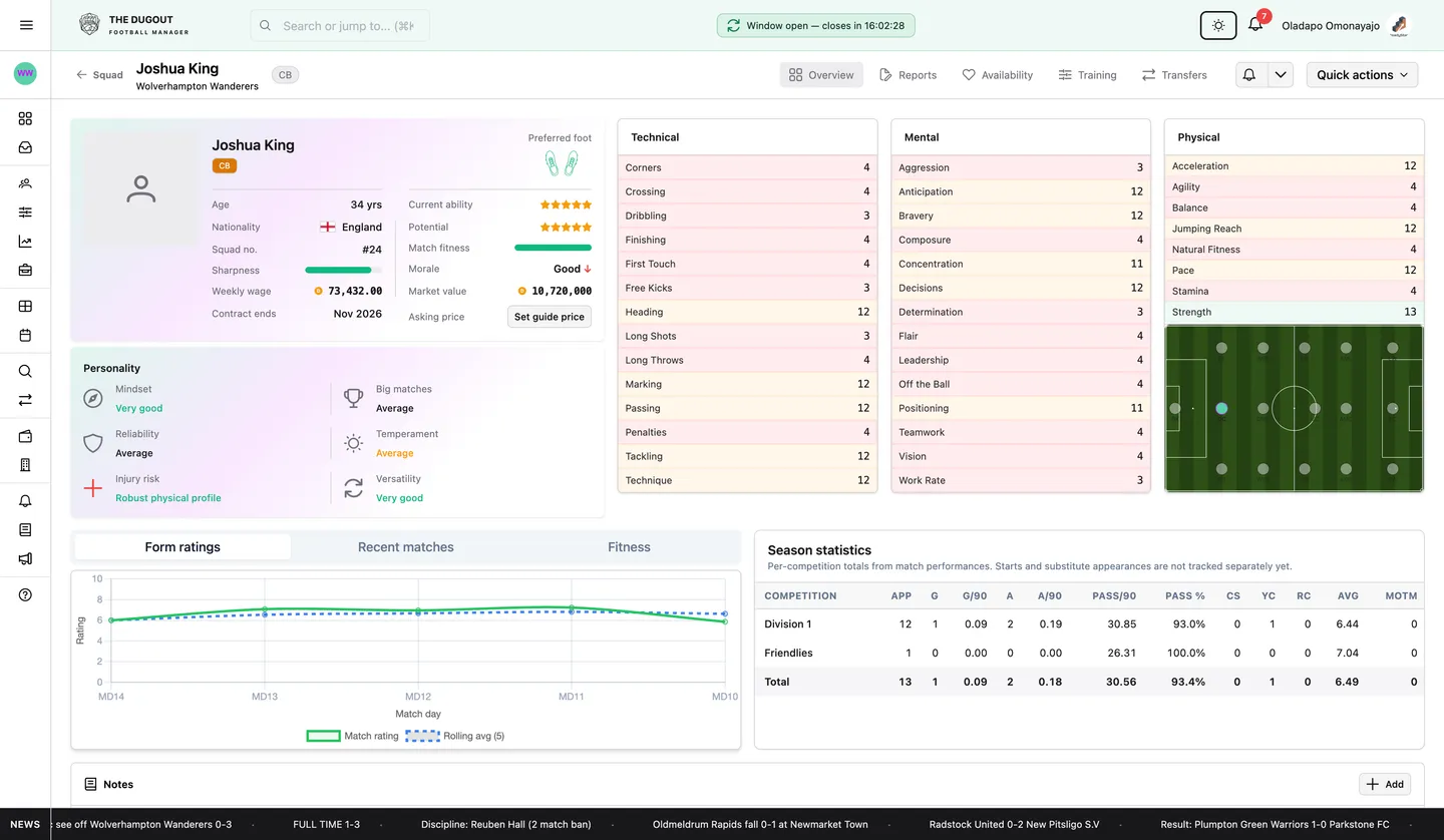 Player details page with attributes and development history