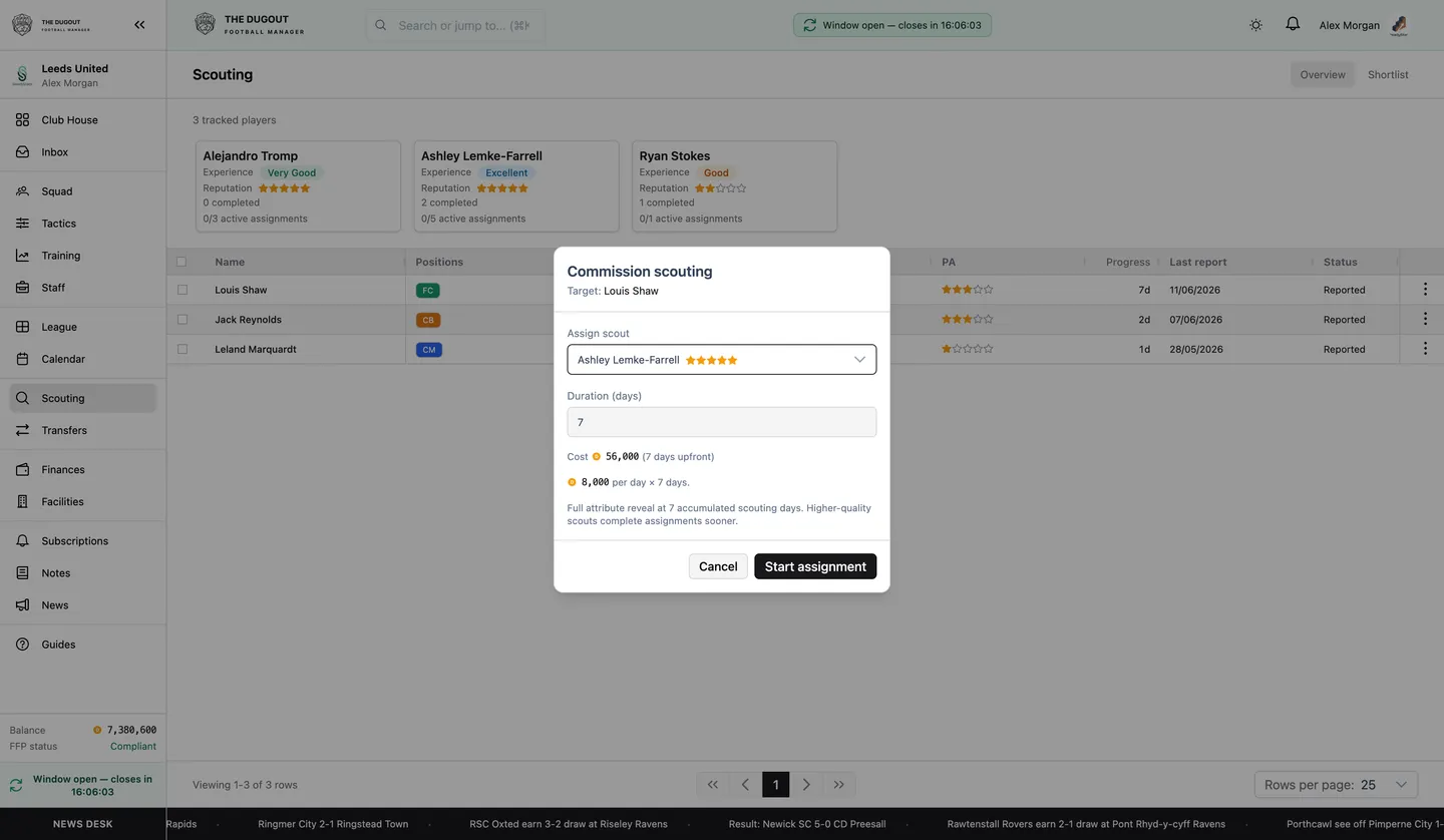 Scouting interface showing transfer targets and knowledge levels
